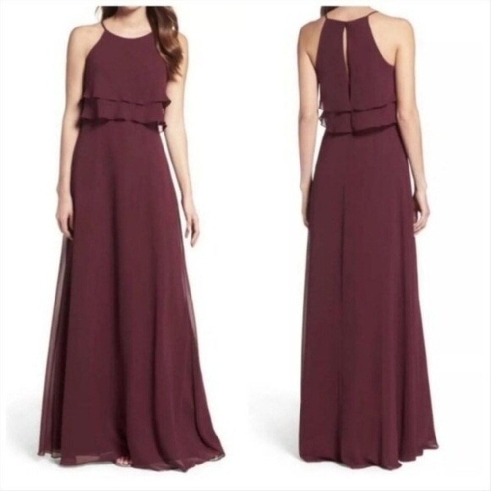 Jenny Yoo Charlie Dress Women 10 Hibiscus Burgundy Luxe Chiffon Halter Maxi